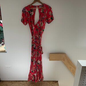 Asos Red Floral Short Sleeve Open Back Midi Wrap Dress Belted Womens Size 8